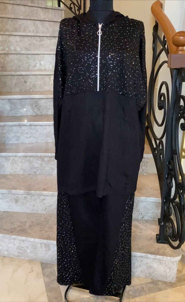 Siyah modal kumaş taşlı ikili takım 3 beden - Görsel 2