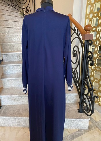 Drapeli Yüksek Yakalı Lacivert deri detaylı elbise 2 beden 44/46 - Görsel 4