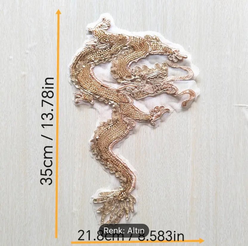 Altın Renkli Payetli Kadın ejderha nakış aplike yama - Görsel 5