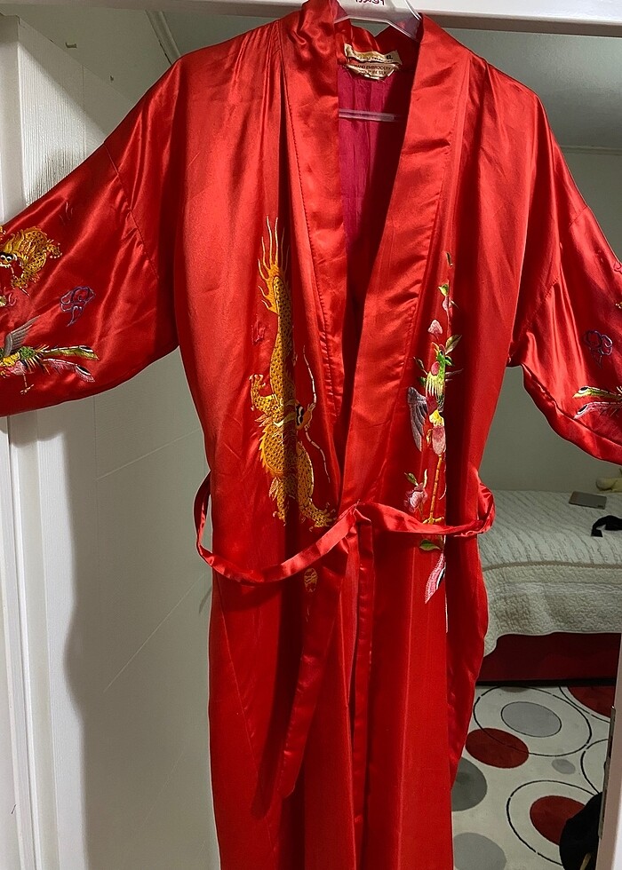 VINTAGE hakiki saf ipek, el nakışlı sabahlık - Görsel 3