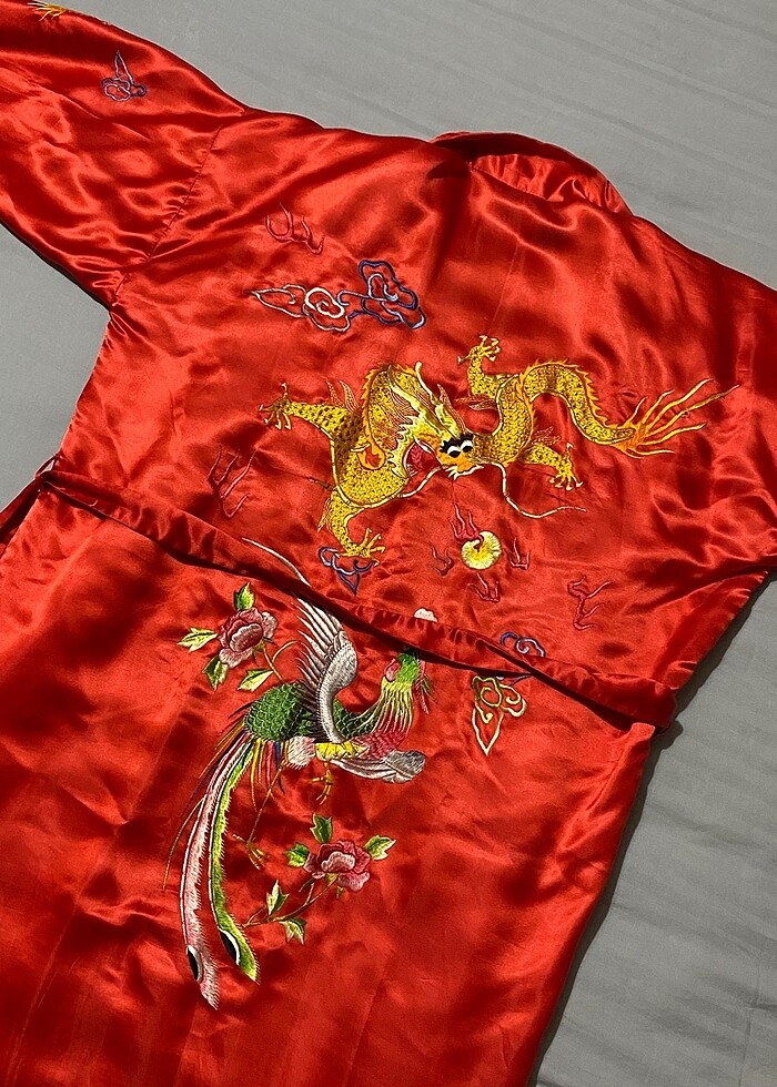 VINTAGE hakiki saf ipek, el nakışlı sabahlık - Görsel 4