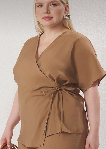 Bej V Yaka Salaş Kadın Bluz - Görsel 4