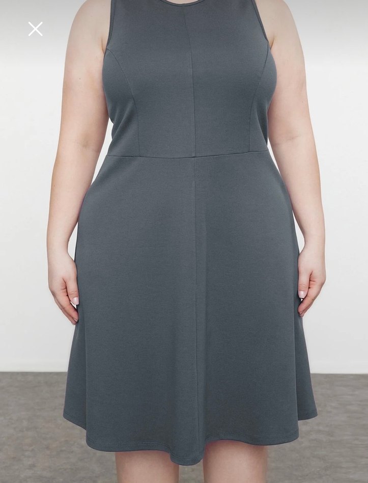 Gri V Yakalı Midi Kadın Elbise - Görsel 2