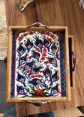 Ahşap Kulplu Geleneksel Desenli Tepsi - Görsel 7