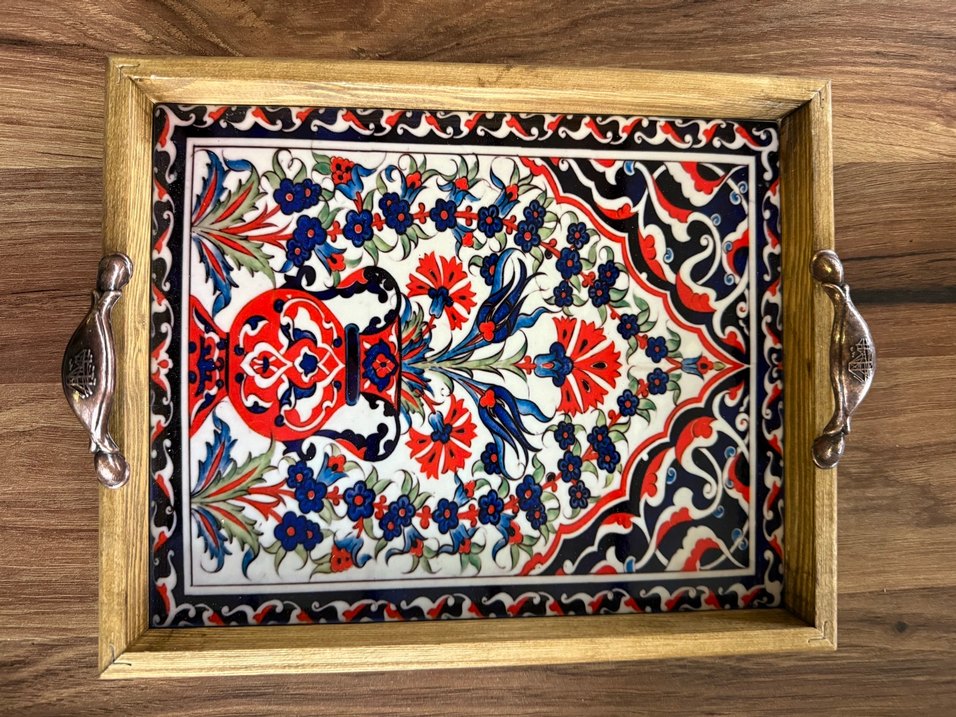 Ahşap Kulplu Geleneksel Desenli Tepsi - Görsel 2