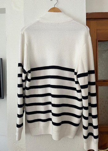 Yarım Fermuarlı Çizgili Beyaz Erkek Triko Kazak - Görsel 4