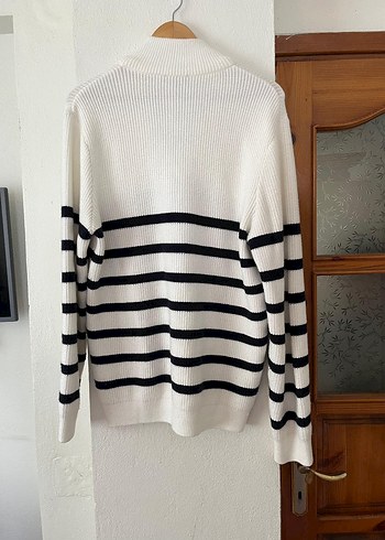 Yarım Fermuarlı Çizgili Beyaz Erkek Triko Kazak - Görsel 6