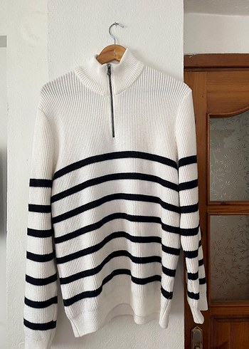 Yarım Fermuarlı Çizgili Beyaz Erkek Triko Kazak - Görsel 2