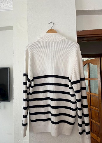 Yarım Fermuarlı Çizgili Beyaz Erkek Triko Kazak - Görsel 5