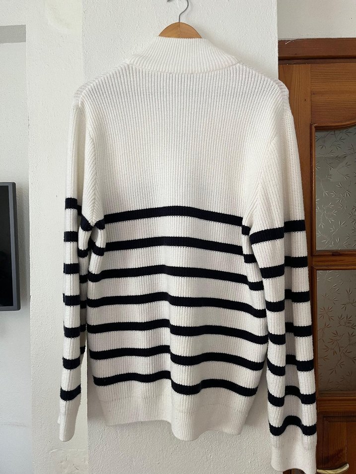 Yarım Fermuarlı Çizgili Beyaz Erkek Triko Kazak - Görsel 4