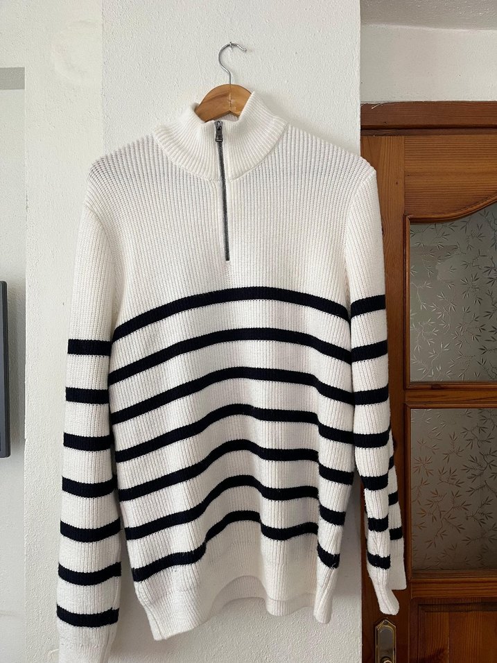 Yarım Fermuarlı Çizgili Beyaz Erkek Triko Kazak - Görsel 2