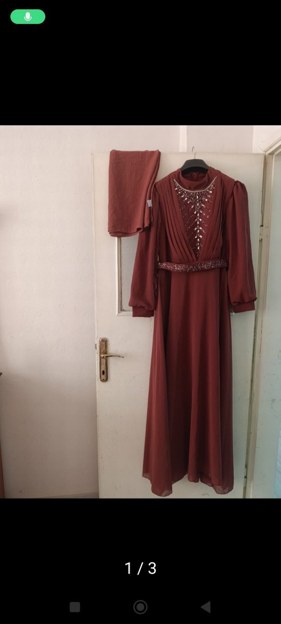 Bordo Nakışlı Uzun Abiye Elbise - Görsel 3