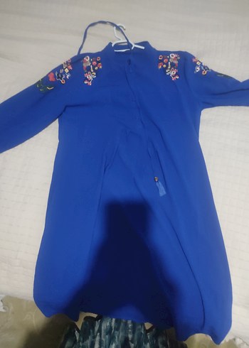 Uzun Kollu Nakışlı Mavi Bohem Tunik - Görsel 2