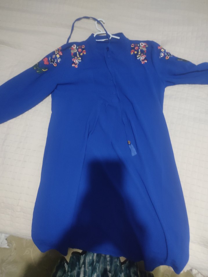 Uzun Kollu Nakışlı Mavi Bohem Tunik - Görsel 2