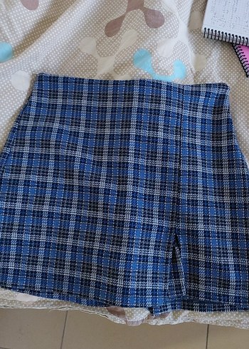 Mavi Ekose Pileli Mini Etek