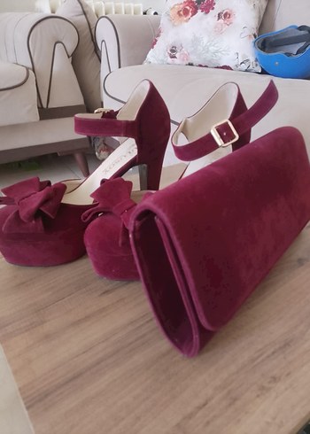 Diger Bordo Süet Kadın Topuklu Ayakkabı ve Çanta