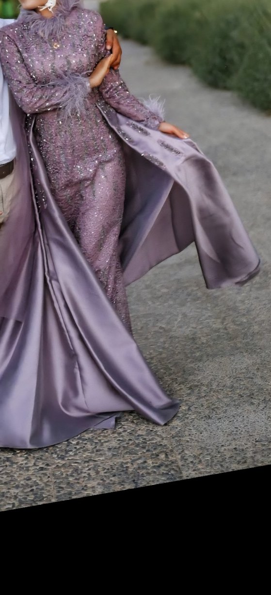 Uzun Kollu Mor İşlemeli Abiye Elbise - Görsel 3