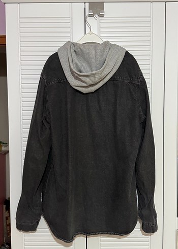 l Beden Gri Denim Ceket Kapüşonlu