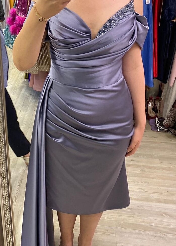 Leylak rengi Saten abiye elbise - Görsel 3