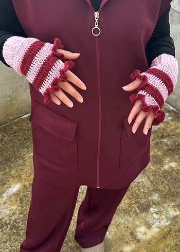 Bordo Pembe Örgü Parmaksız Eldiven - Görsel 4