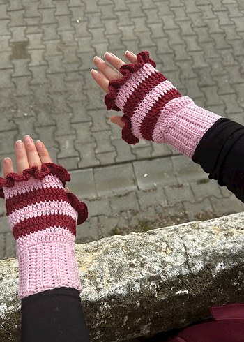 Bordo Pembe Örgü Parmaksız Eldiven - Görsel 2