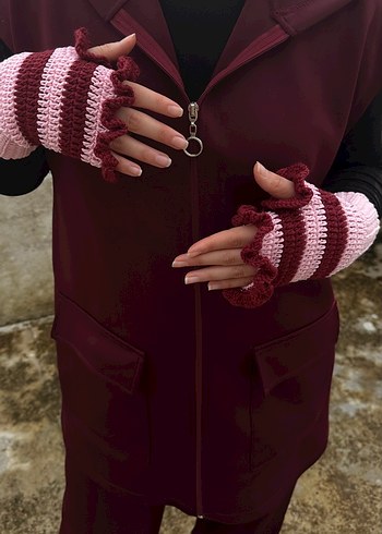 Bordo Pembe Örgü Parmaksız Eldiven - Görsel 3