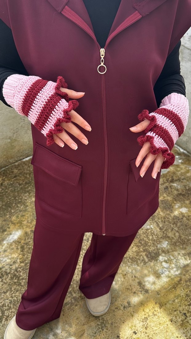 Bordo Pembe Örgü Parmaksız Eldiven - Görsel 4