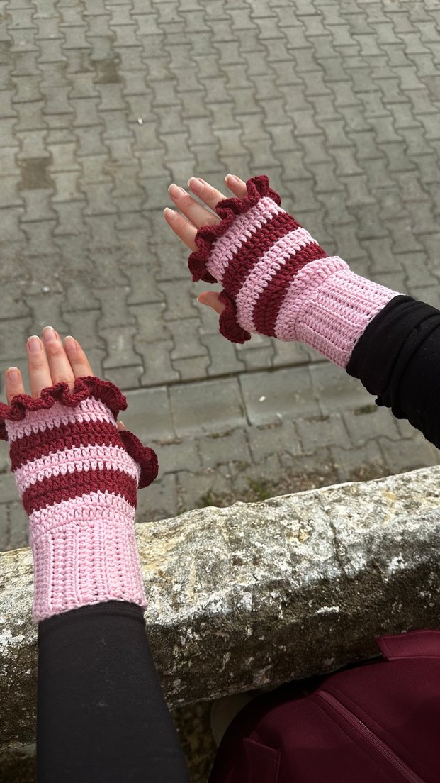 Bordo Pembe Örgü Parmaksız Eldiven - Görsel 2