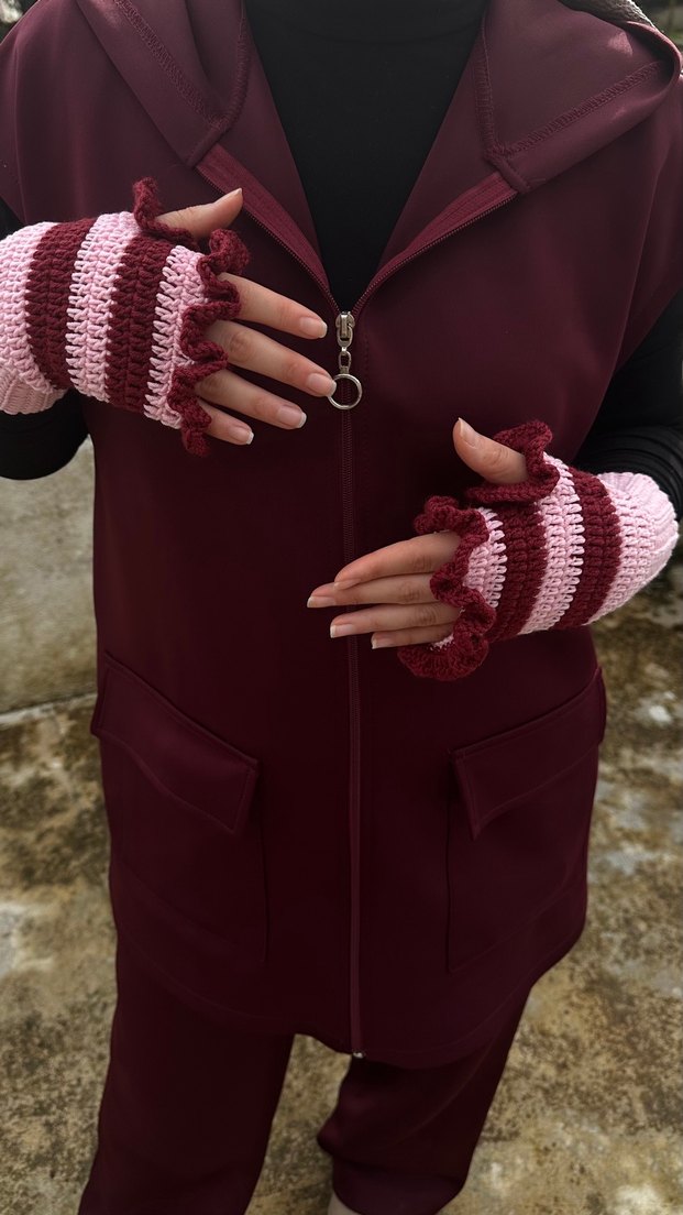 Bordo Pembe Örgü Parmaksız Eldiven - Görsel 3