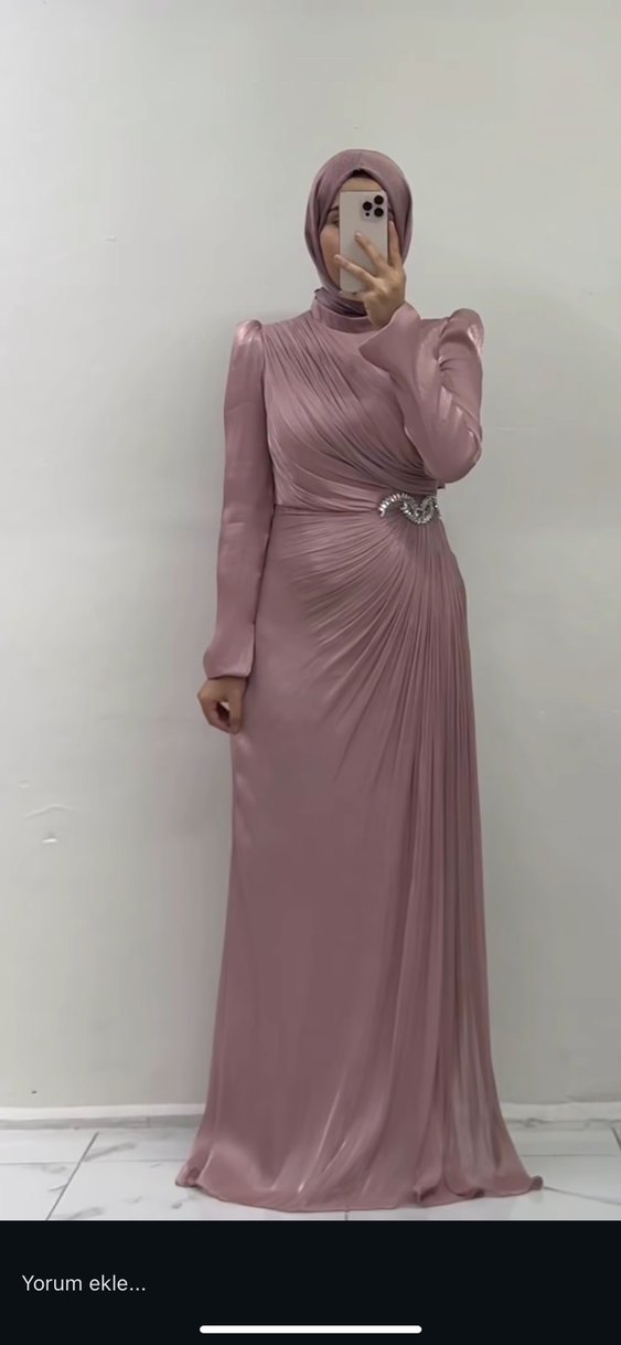 Kiralık pudra Pembe Drapeli Uzun Elbise - Görsel 4