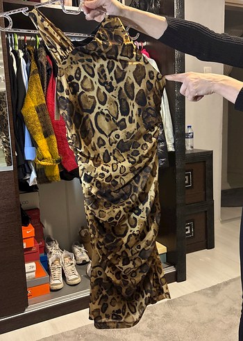 Leopar Desenli Drapeli Mini Elbise - Görsel 2