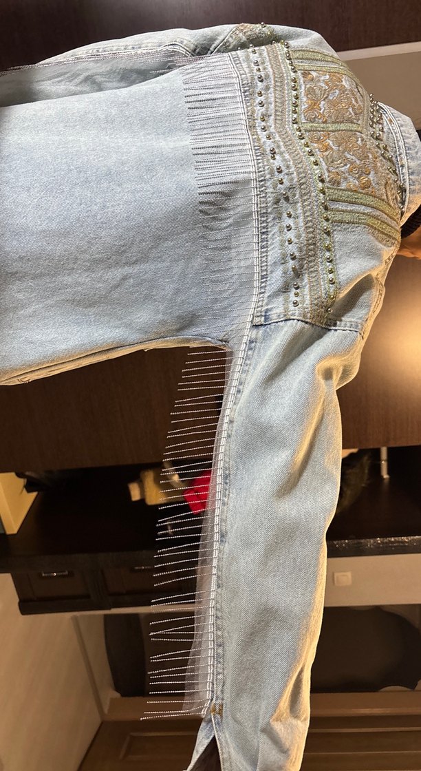 Nakış Detaylı Gri Mavi Jean Ceket - Görsel 3