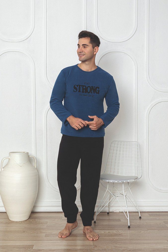 Uzun Kollu Mavi Erkek Pijama Takımı - Görsel 2