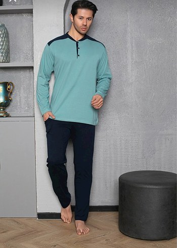 Erkek Mavi Uzun Kollu Rahat Pijama Takımı - Görsel 2