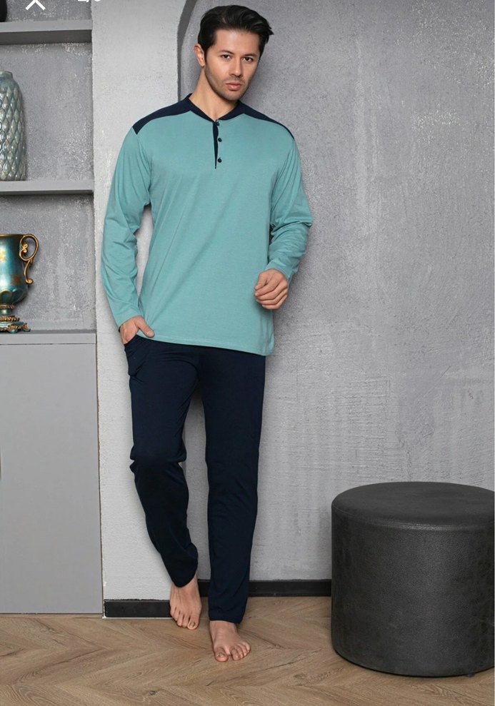 Erkek Mavi Uzun Kollu Rahat Pijama Takımı - Görsel 2