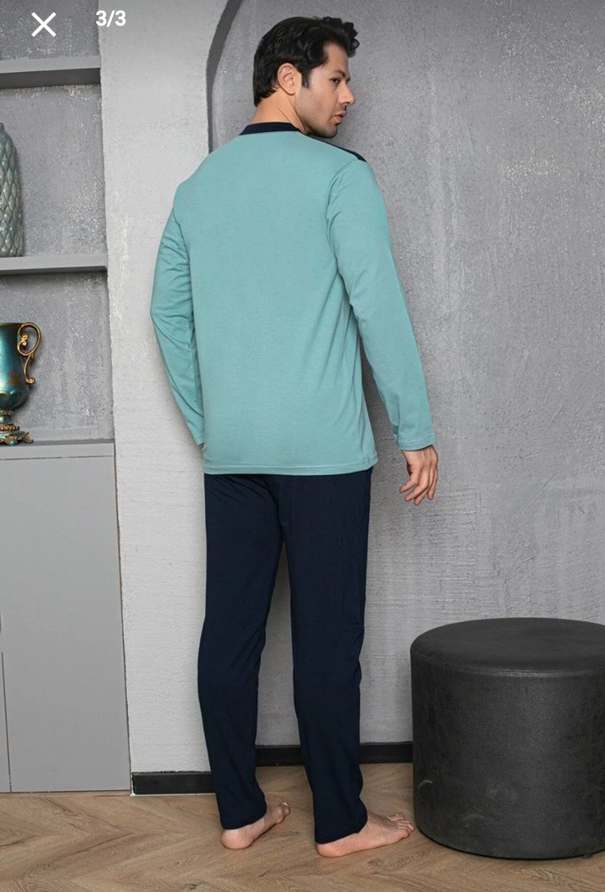 Erkek Mavi Gri Rahat Kesim Pijama Takımı - Görsel 3