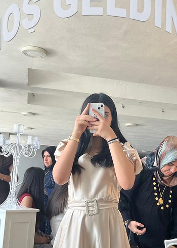 Bej Midi Kısa Kollu Straplez Elbise - Görsel 5