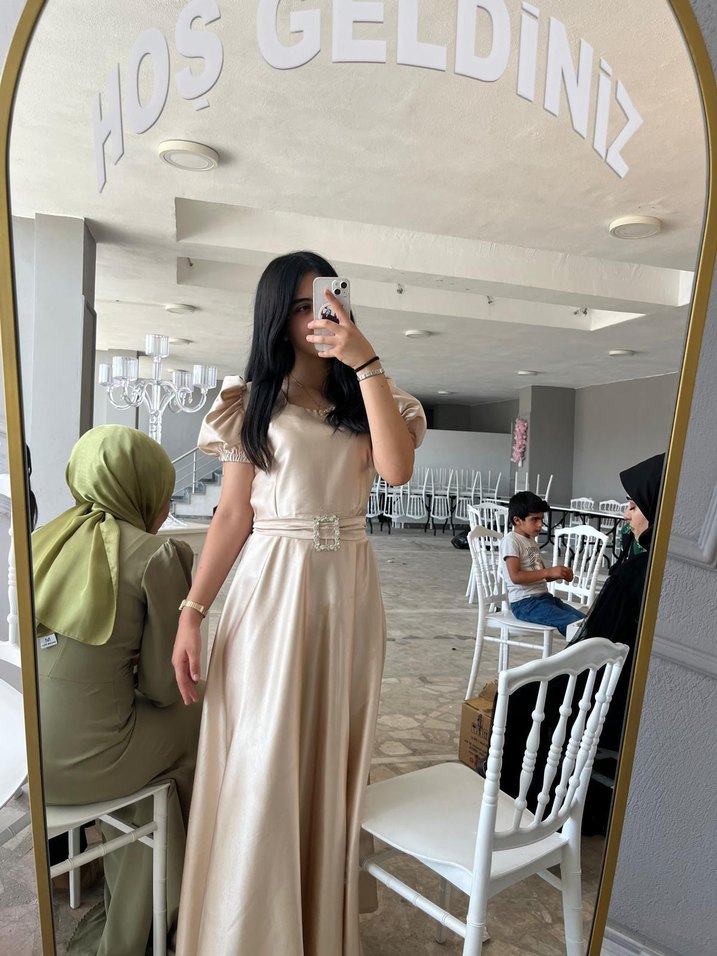 Bej Midi Kısa Kollu Straplez Elbise - Görsel 2