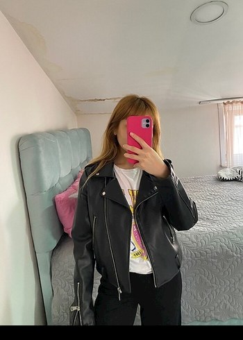 Siyah Deri Biker Ceket Kadın Mini Kesim - Görsel 2