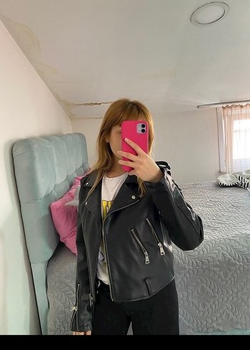 Siyah Deri Biker Ceket Kadın Mini Kesim - Görsel 3