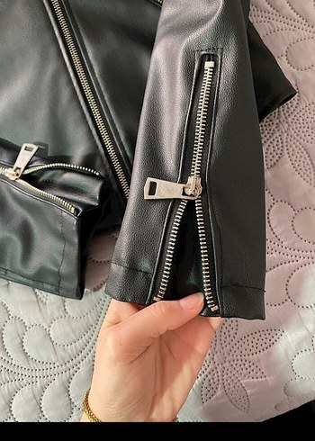 Siyah Deri Biker Ceket Kadın Mini Kesim - Görsel 5
