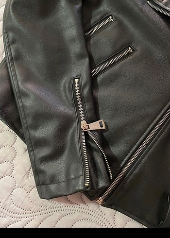 Siyah Deri Biker Ceket Kadın Mini Kesim - Görsel 7