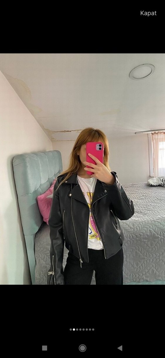 Siyah Deri Biker Ceket Kadın Mini Kesim - Görsel 2