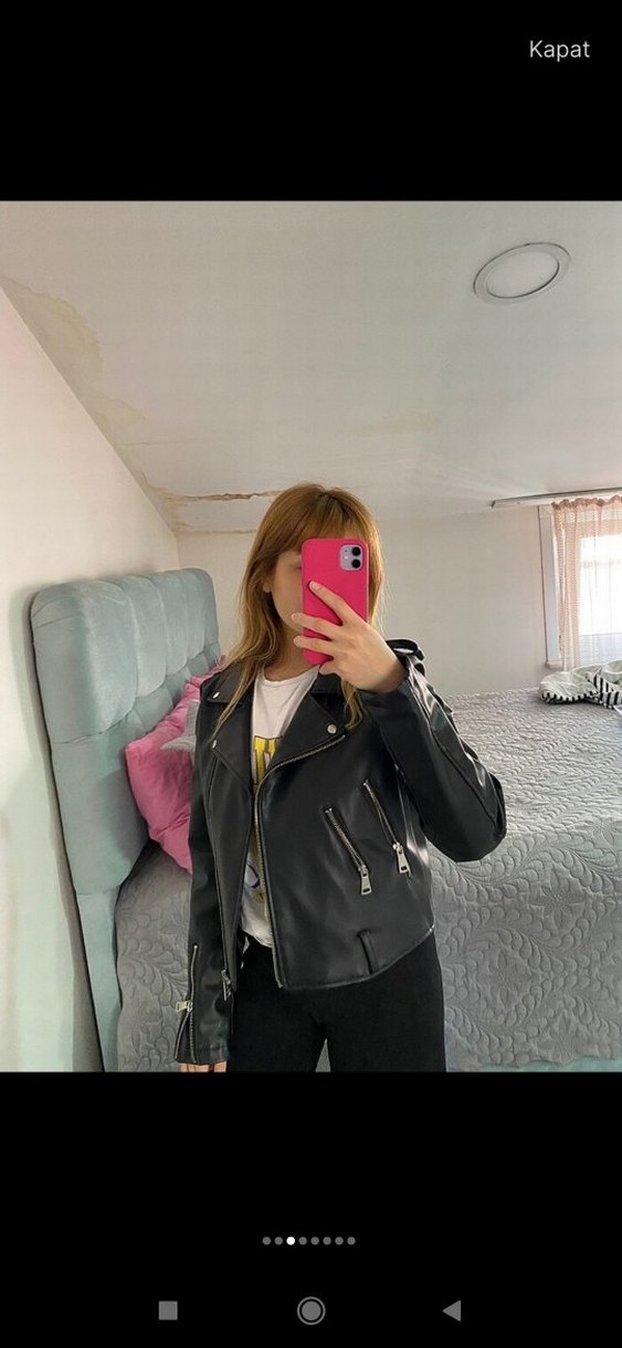 Siyah Deri Biker Ceket Kadın Mini Kesim - Görsel 3