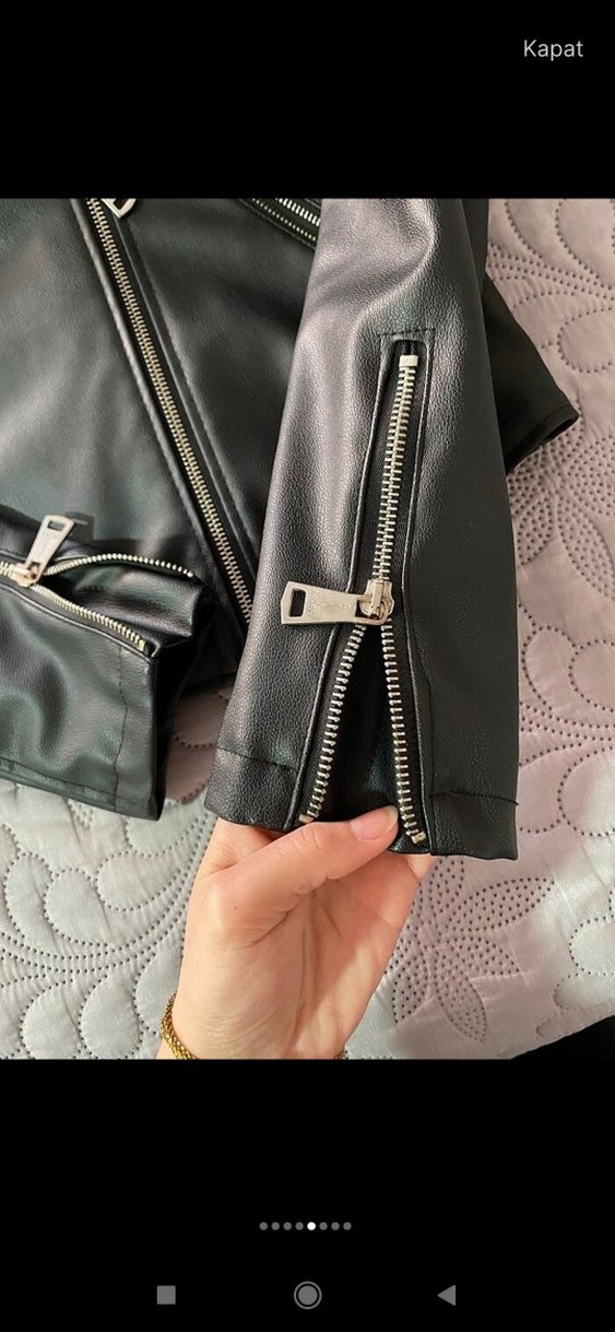 Siyah Deri Biker Ceket Kadın Mini Kesim - Görsel 5