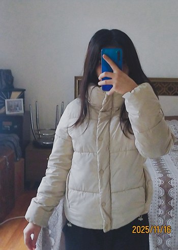 Bej Kadın Düğmeli Kışlık Mont - Görsel 8