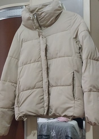 Bej Kadın Düğmeli Kışlık Mont - Görsel 7