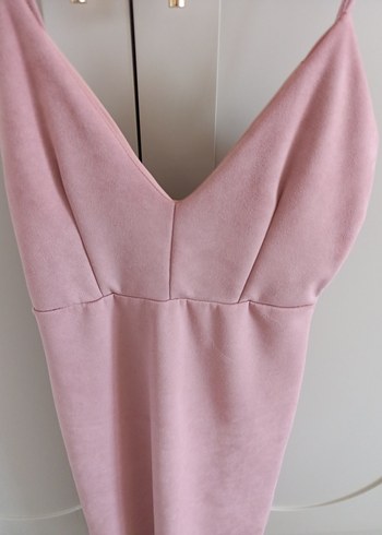Missguided Pembe Süet İnce Askılı V Yaka Midi Elbise