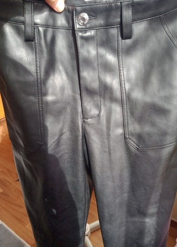 Düğmeli Siyah Biker Deri Pantolon