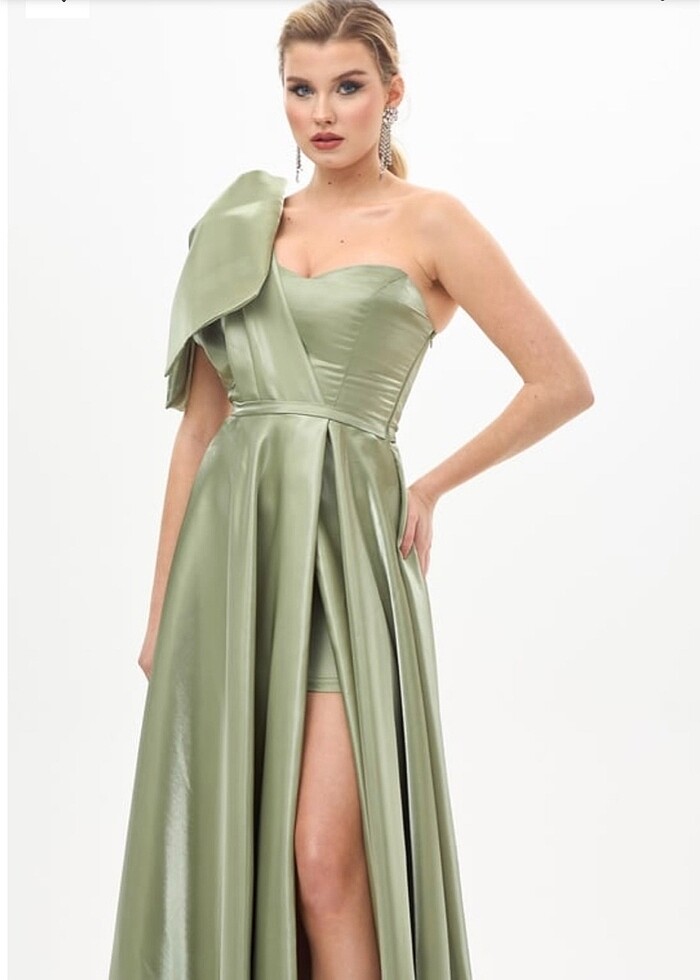 Carmen Fıstık Yeşili Organze Saten Abiye - Görsel 3